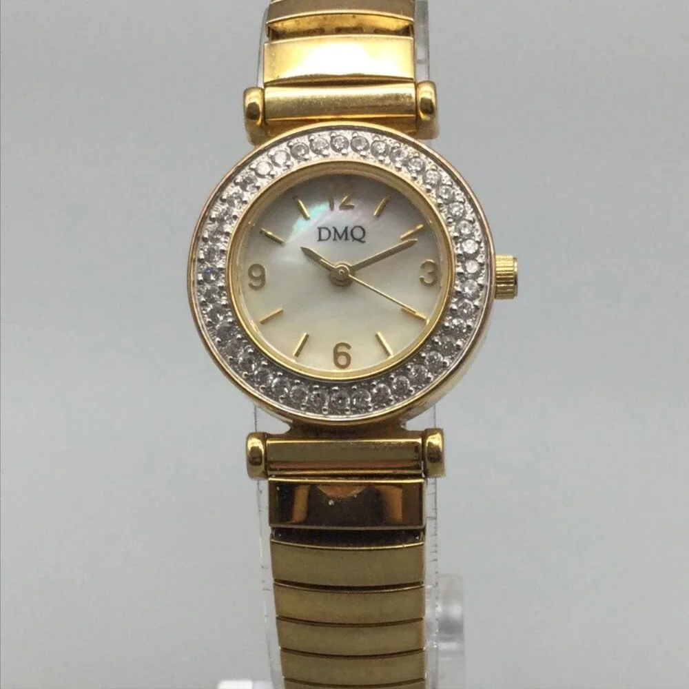 DMQ Womens Watch 24mm MOP Dial Gold Tone Crystals Stretch Band New Battery